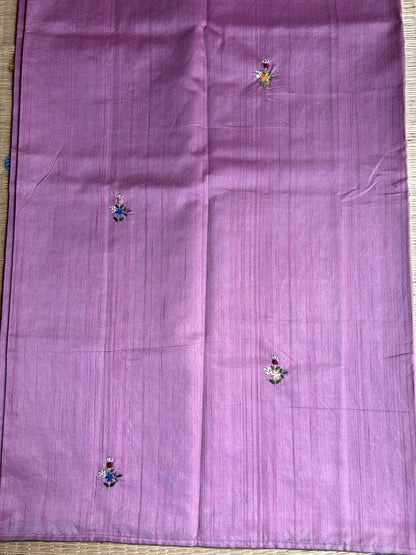 Onion Pink floral soft Tussar saree - hand embroidery