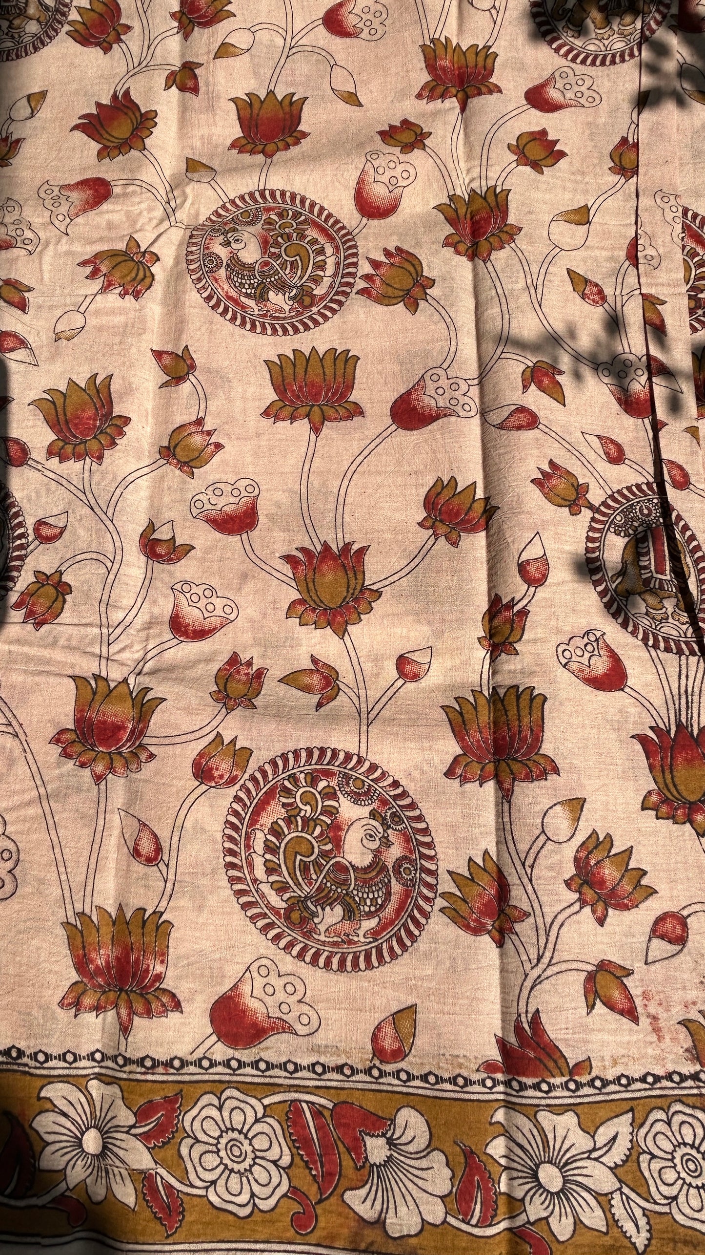 Beige floral kalamkari pure cotton saree-1