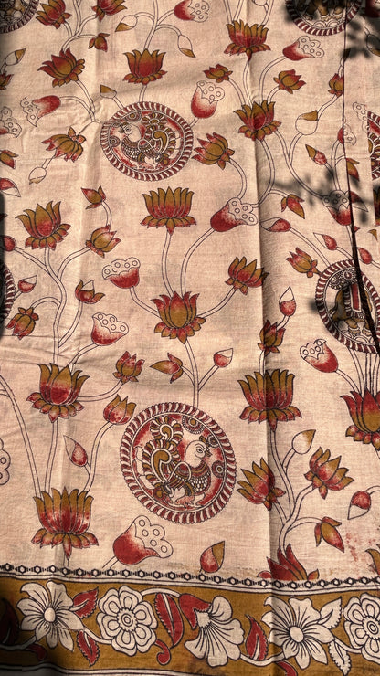 Beige floral kalamkari pure cotton saree-1