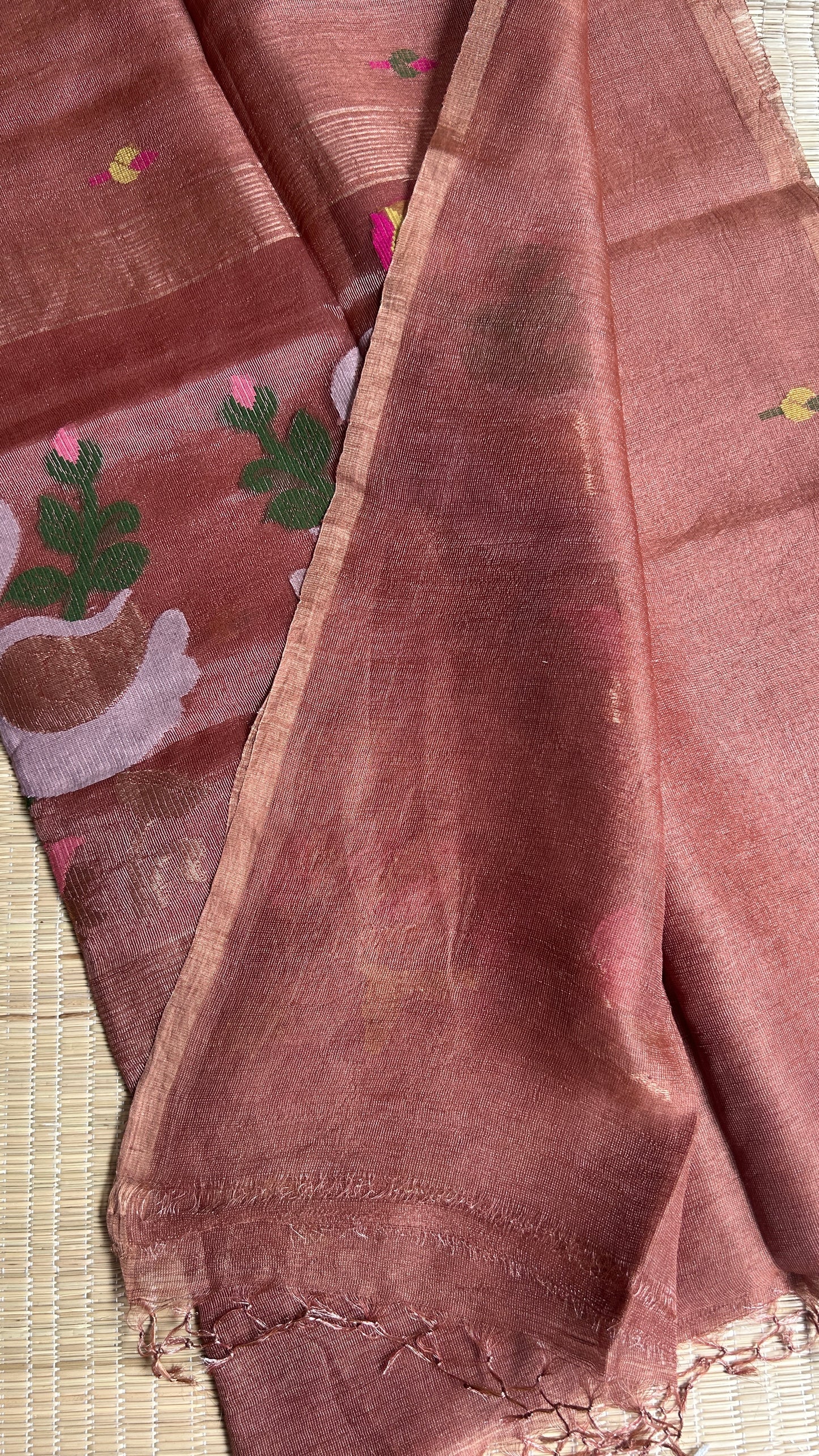 Coffee Brown silk linen jamdani saree with swan motifs - with handloom mark