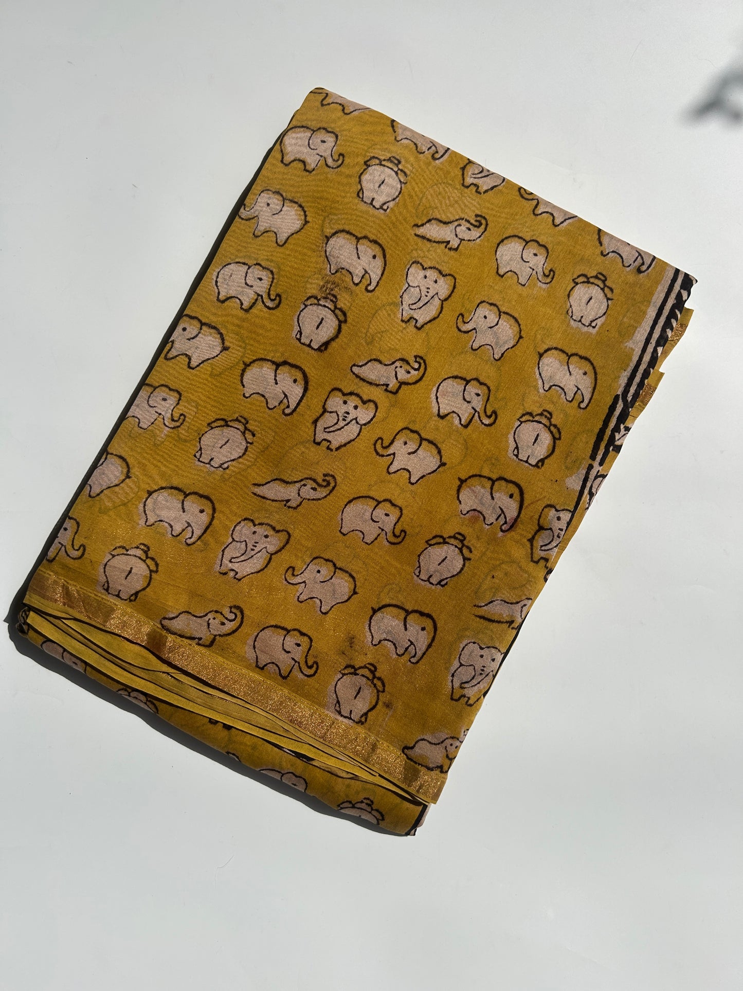 Yellow elephant motifs Chanderi silk saree