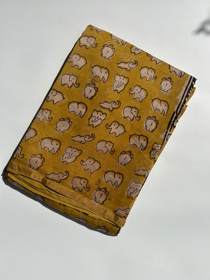 Yellow elephant motifs Chanderi silk saree