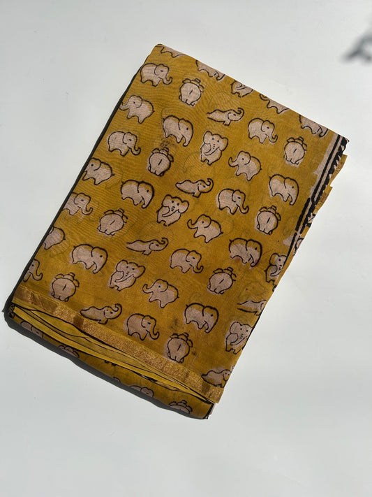 Yellow elephant motifs Chanderi silk saree