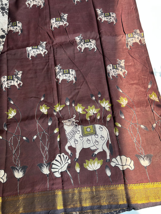 Chocolate brown chennur silk kalamkari saree with Nizam border