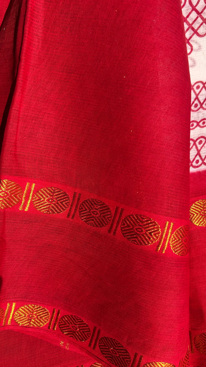 White & red Madurai sungudi cotton saree with kolam motif