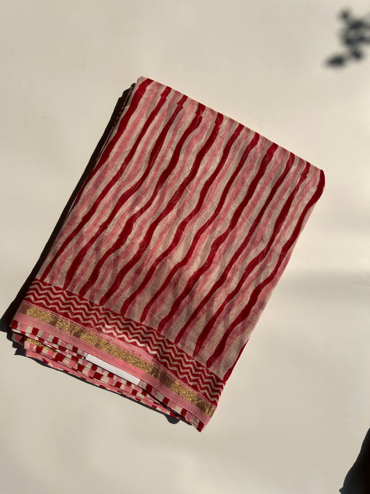 Bubblegum pink Chanderi silk saree with stripes