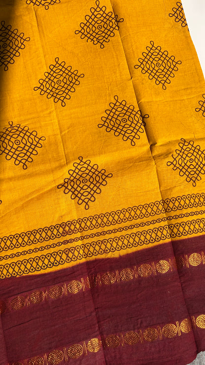 Turmeric Yellow Madurai sungudi cotton saree with kolam motif