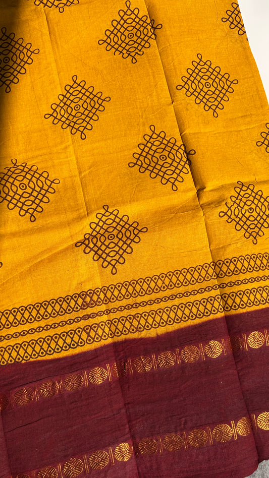 Turmeric Yellow Madurai sungudi cotton saree with kolam motif