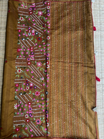 Methi yellow floral soft Tussar saree - hand embroidery