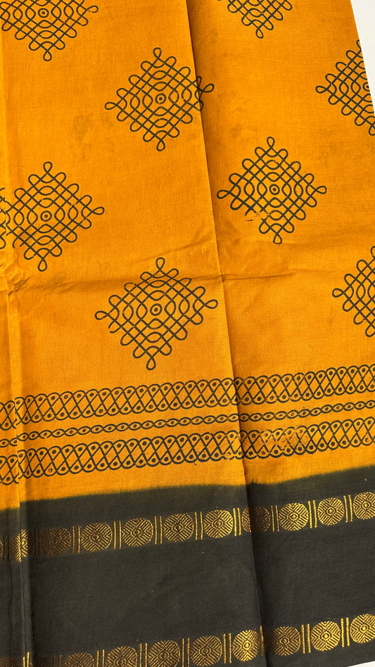 Mango Yellow Madurai sungudi cotton saree with kolam motif
