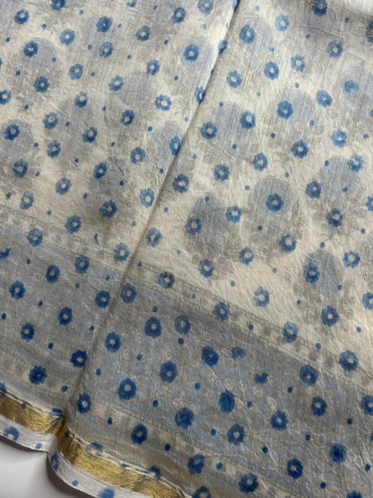 White Chanderi silk saree with blue florals
