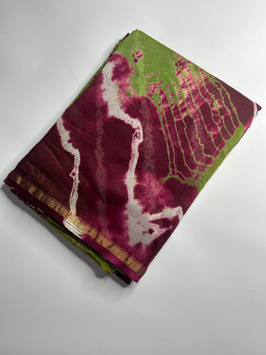 Green & beetroot pink shibori Chanderi silk saree