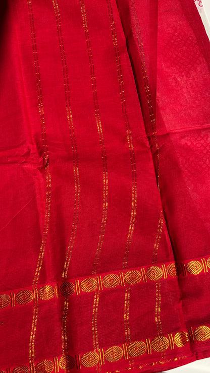 White & red Madurai sungudi cotton saree with kolam motif