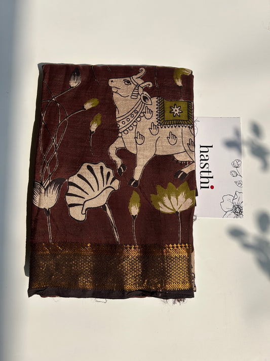 Chocolate brown chennur silk kalamkari saree with Nizam border