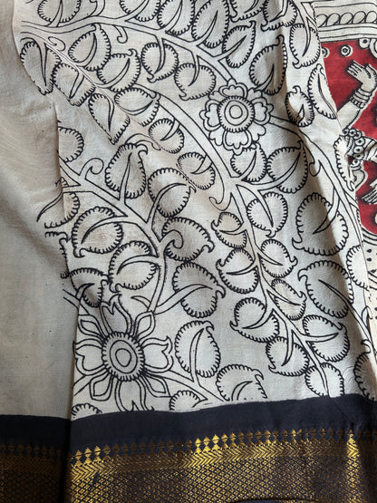 Maroon red chennur silk kalamkari saree with Nizam border