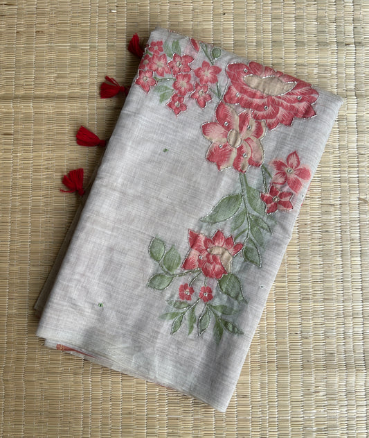 Pure linen chanderi saree with cutdana work & mirror work - hand embroidery - 2