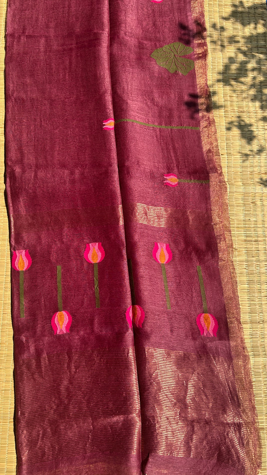 Wine silk linen jamdani saree with lotus motifs