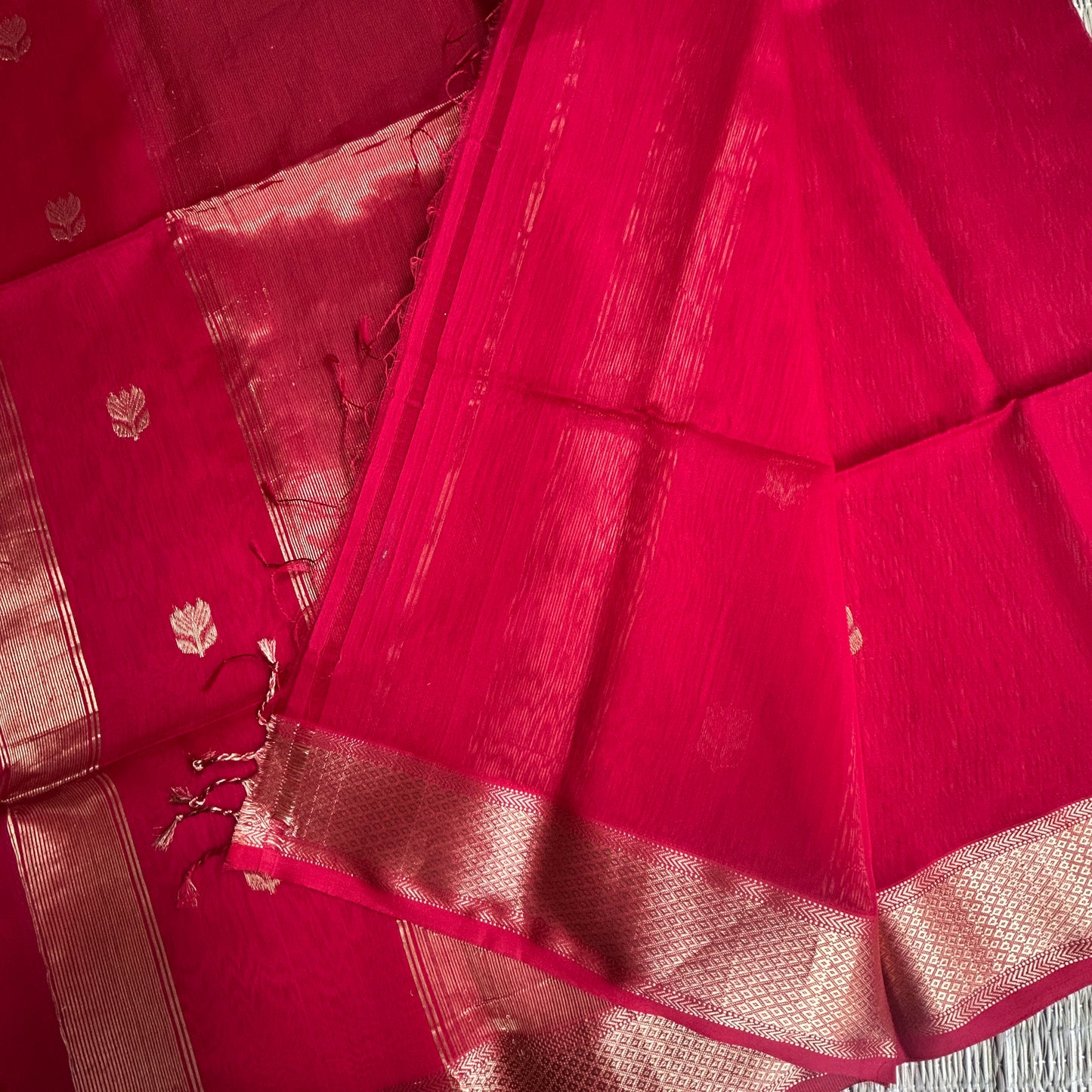 Pure Red Maheshwari handloom saree with flower motifs