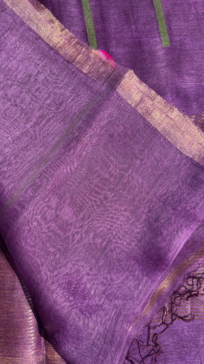 Purple silk linen jamdani saree with lotus motifs