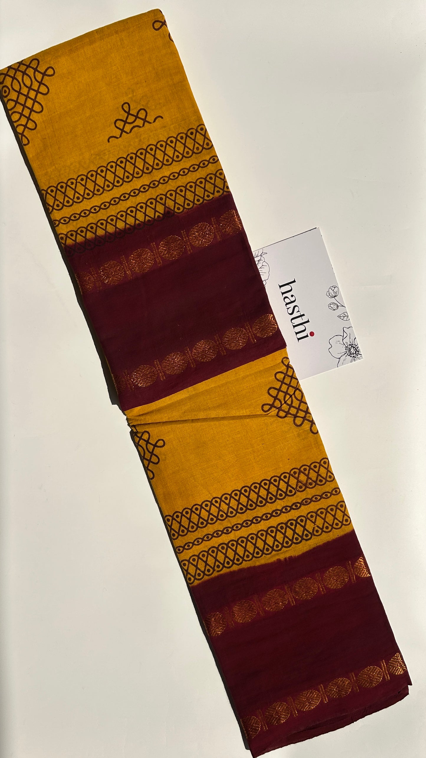 Turmeric Yellow Madurai sungudi cotton saree with kolam motif