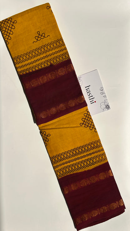 Turmeric Yellow Madurai sungudi cotton saree with kolam motif