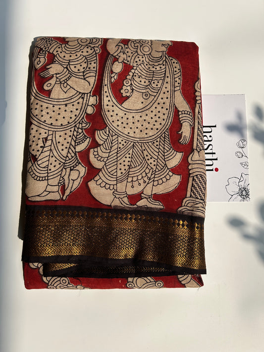 Maroon red chennur silk kalamkari saree with Nizam border