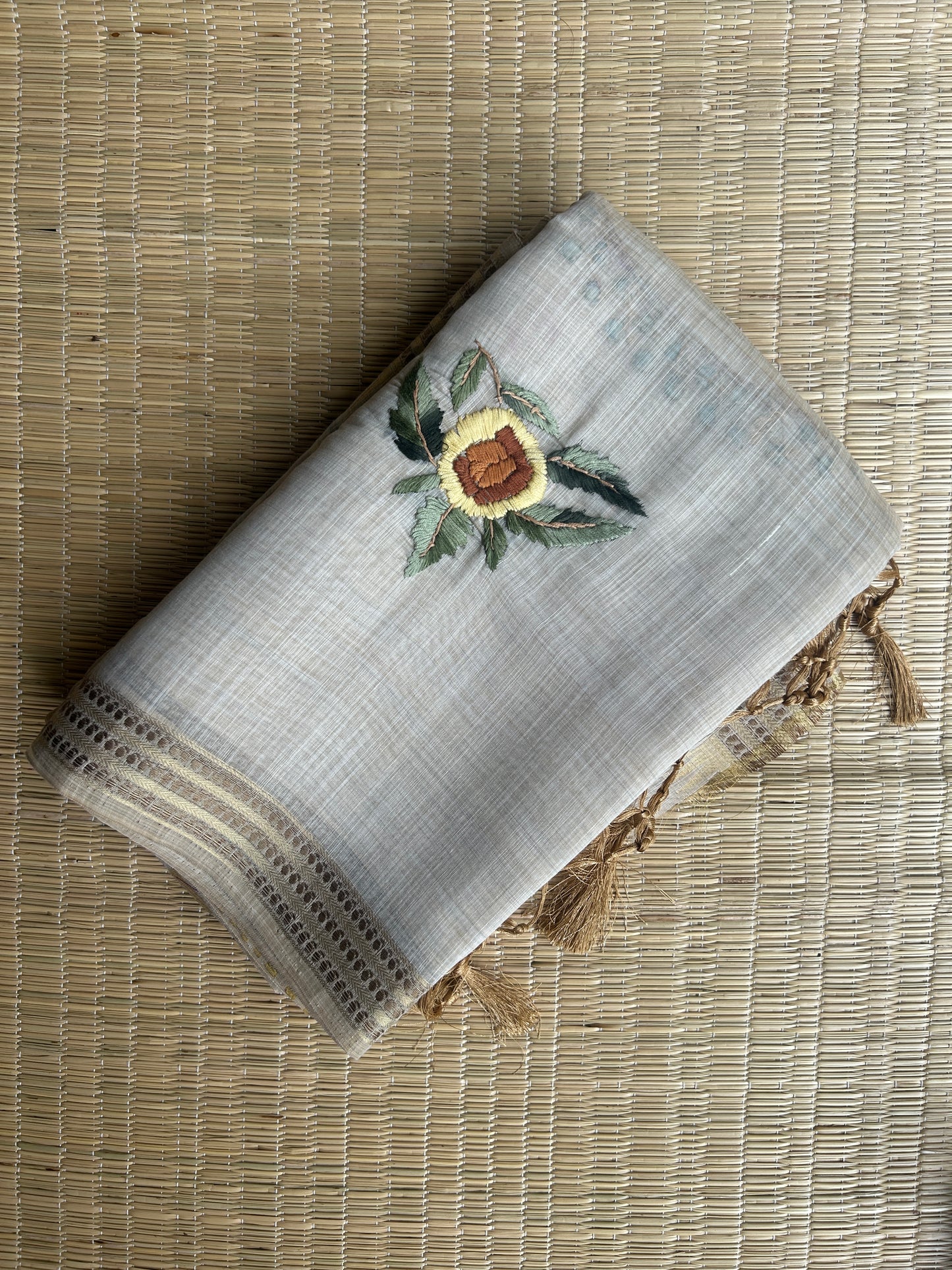 Pure linen chanderi saree with mirror work blouse - hand embroidery - 3