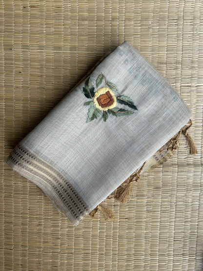 Pure linen chanderi saree with mirror work blouse - hand embroidery - 3
