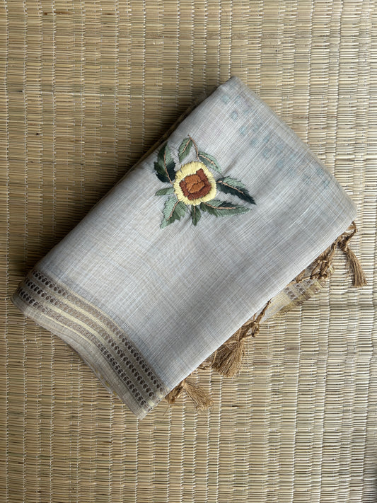 Pure linen chanderi saree with mirror work blouse - hand embroidery - 3