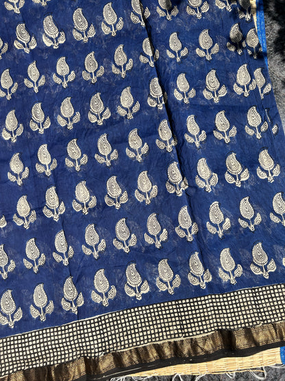Blue Maheshwari silk saree with white motifs
