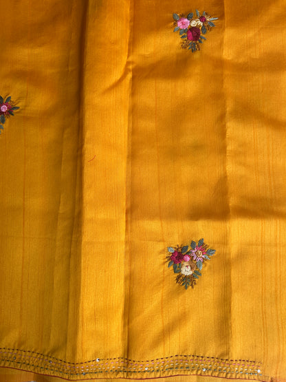 Yellow floral soft Tussar saree - hand embroidery