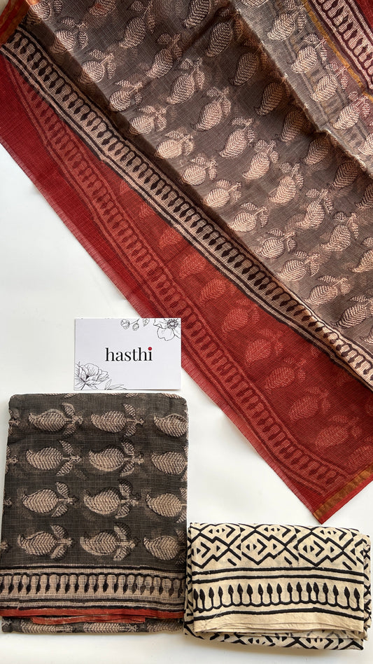 Charcoal grey kota doria suit set - unstitched