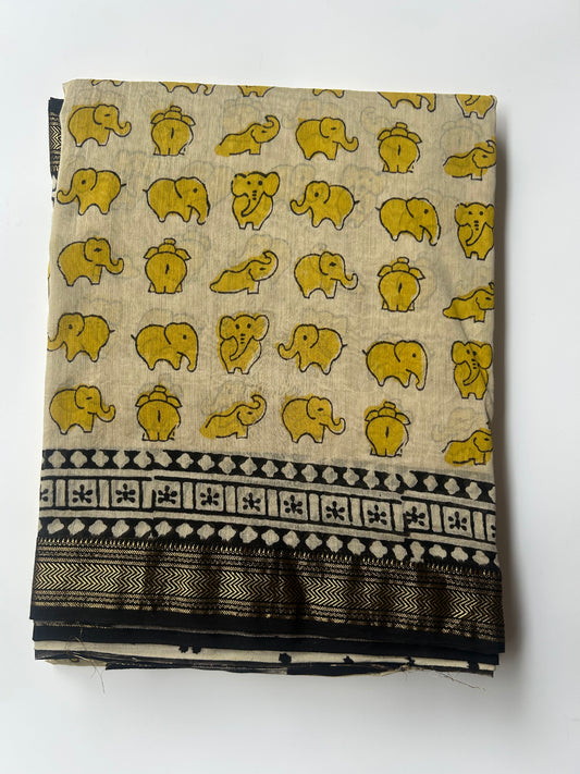 Yellow Elephants Maheshwari silk saree