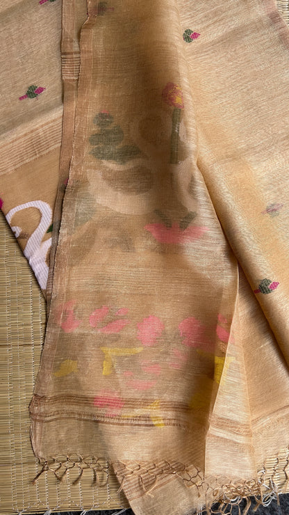 Biscuit cream silk linen jamdani saree with swan motifs - with handloom mark