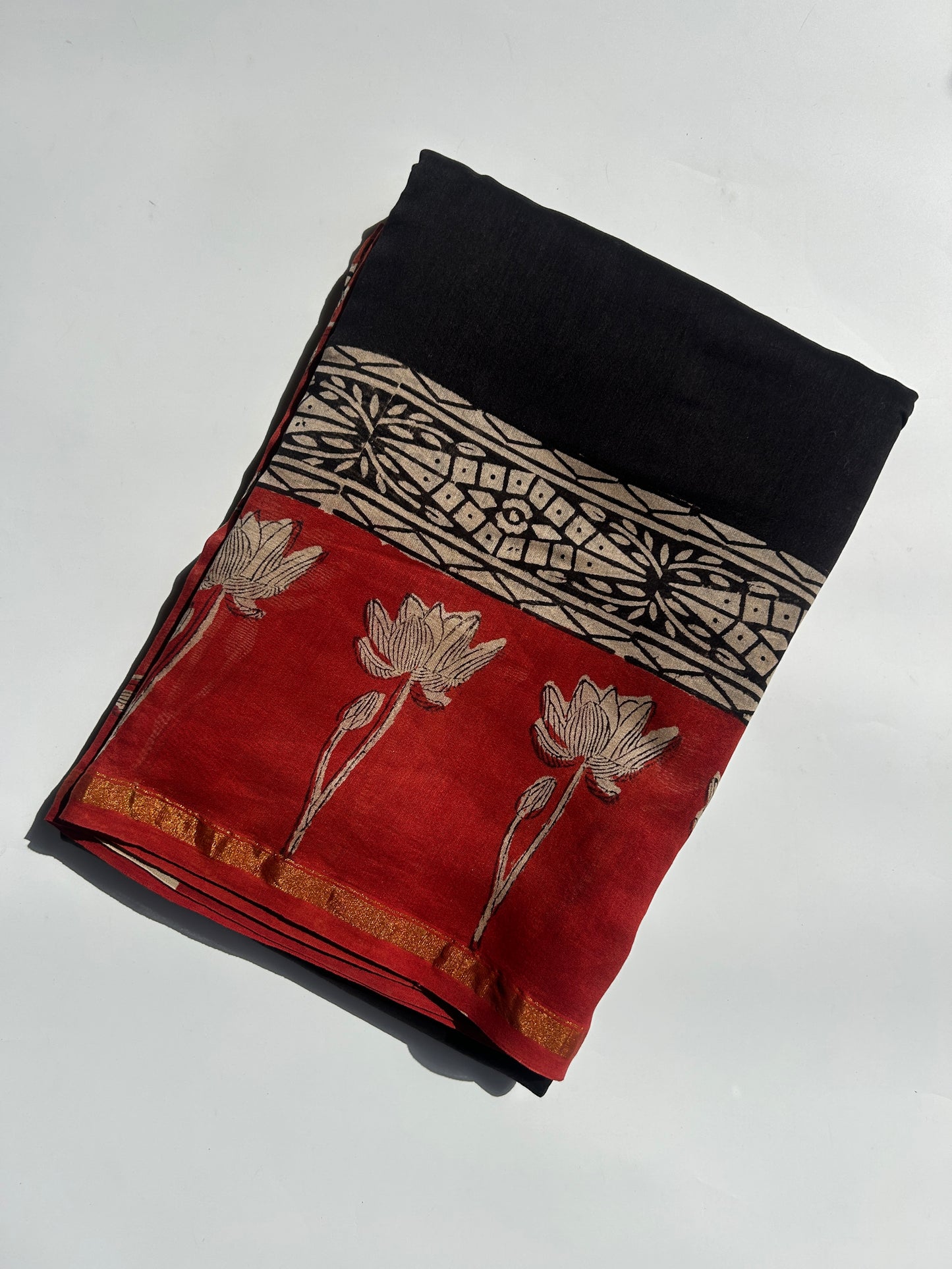 Black Chanderi silk saree with red floral border