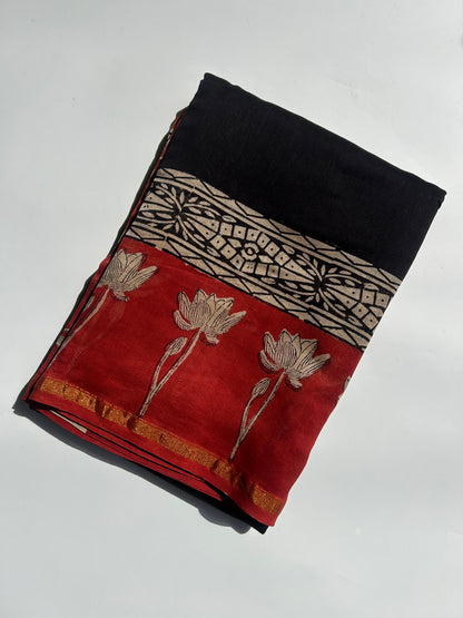 Black Chanderi silk saree with red floral border