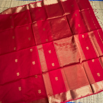 Pure Red Maheshwari handloom saree with flower motifs