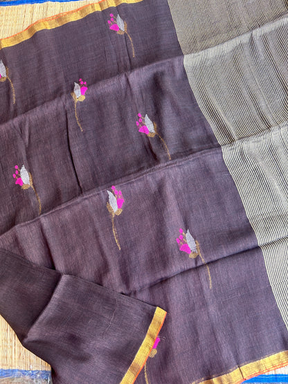 Dark chocolate Brown linen jamdani saree with floral motifs and golden border