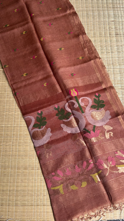 Coffee Brown silk linen jamdani saree with swan motifs - with handloom mark