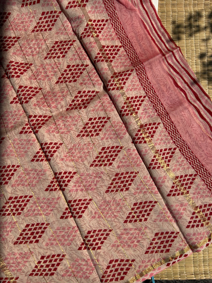Bubblegum pink Chanderi silk saree with stripes