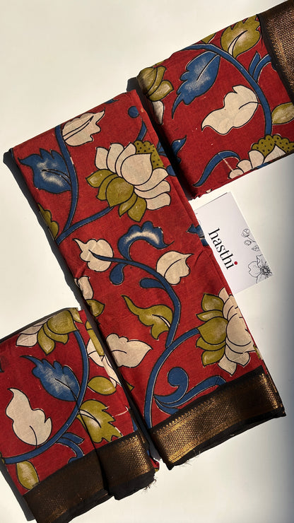 Red lotus chennur silk kalamkari saree with Nizam border