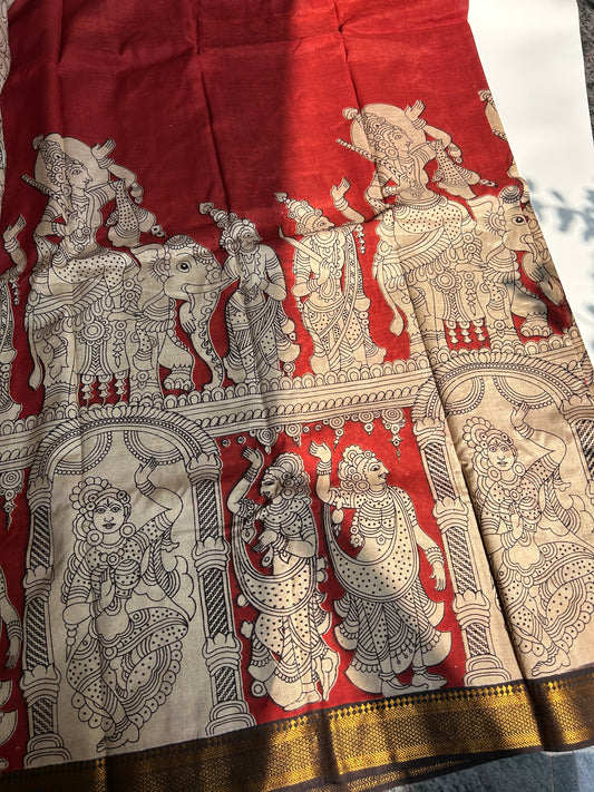 Maroon red chennur silk kalamkari saree with Nizam border