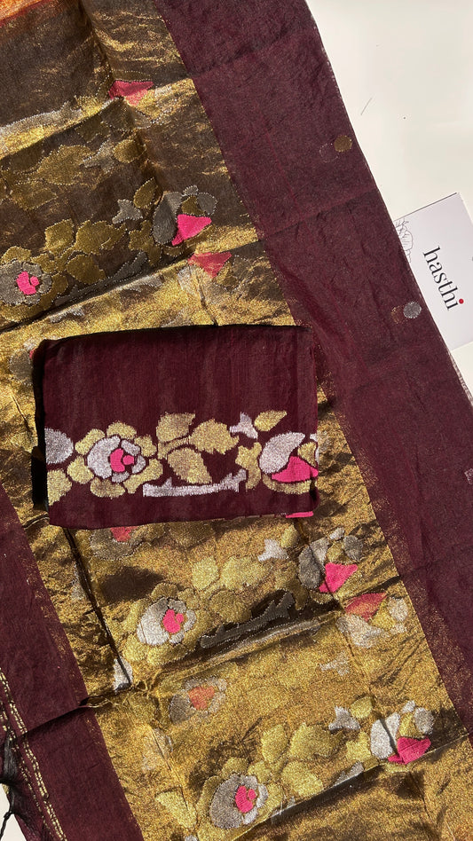 Dark Brown paithani muslin jamdani 2pc set - unstitched