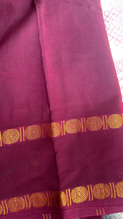 White & Maroon Madurai sungudi cotton saree with kolam motif