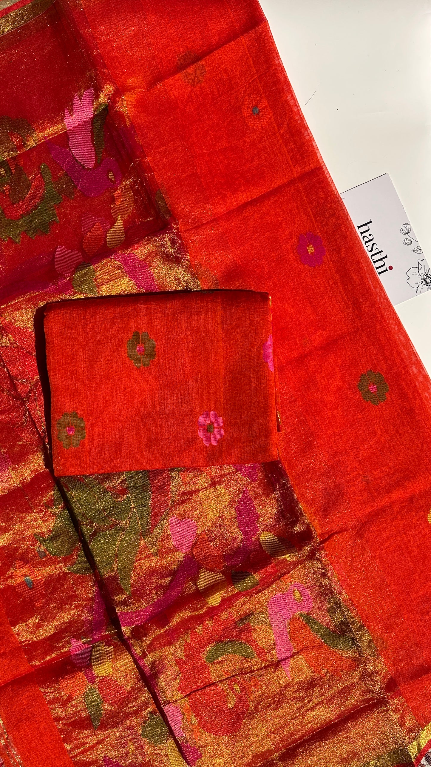 Orange paithani muslin jamdani 2pc set - unstitched