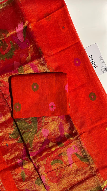 Orange paithani muslin jamdani 2pc set - unstitched