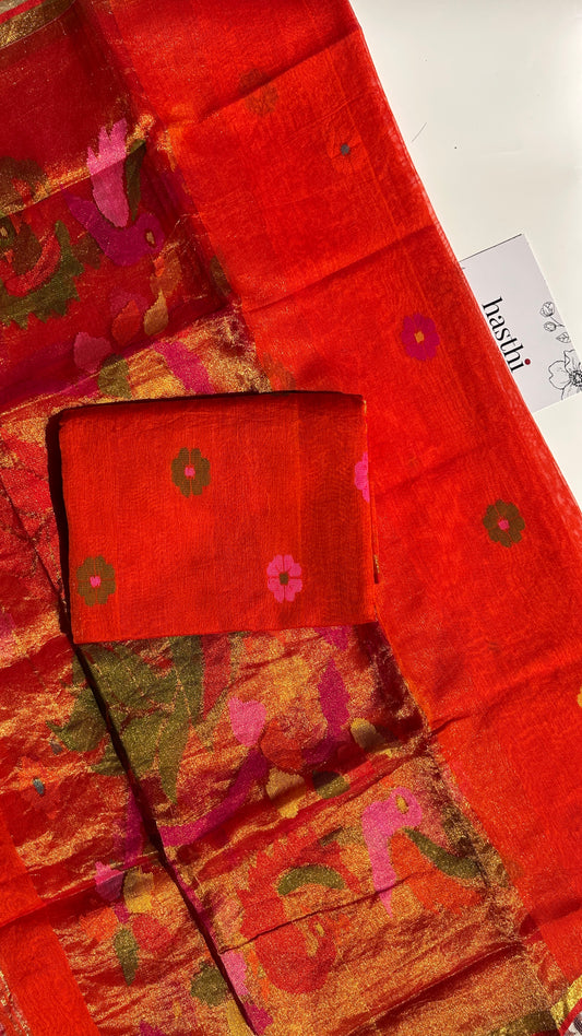 Orange paithani muslin jamdani 2pc set - unstitched