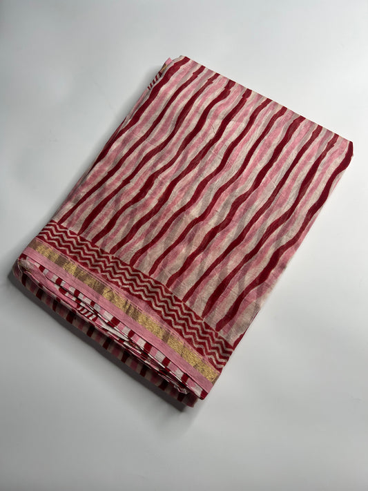 Bubblegum pink Chanderi silk saree with stripes