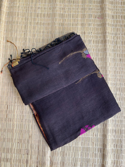 Dark chocolate Brown linen jamdani saree with floral motifs and golden border