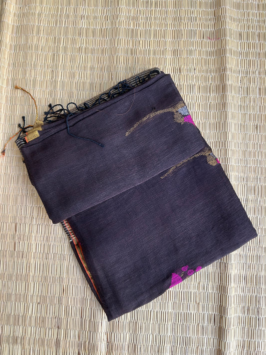 Dark chocolate Brown linen jamdani saree with floral motifs and golden border
